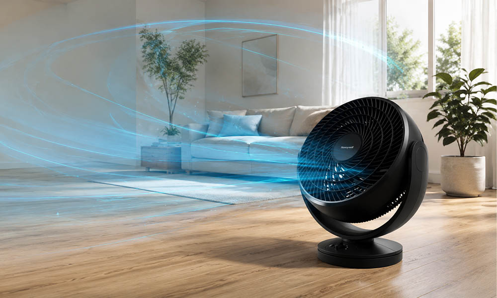 Honeywell HF710 TurboForce oscillating floor fan in a living room