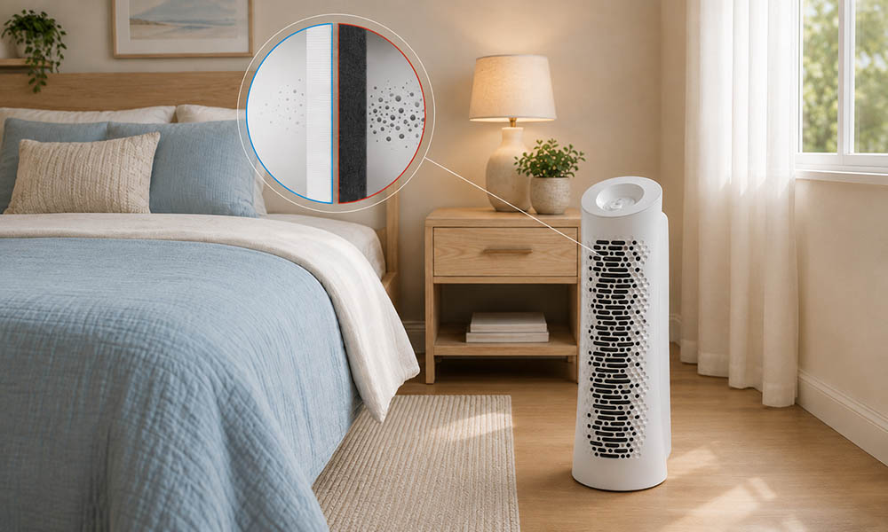 Honeywell HHT290 HEPA-Type tower air purifier in a bedroom