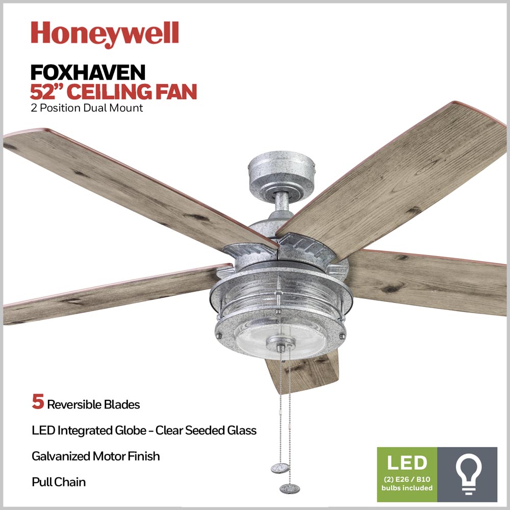 Honeywell Indoor Outdoor Modern Farmhouse 52 Inch Ceiling Fan Galvanized