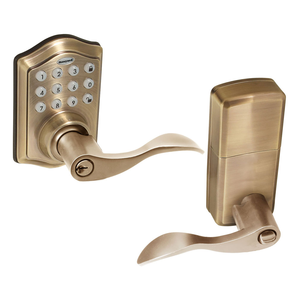 8734101 honeywell electronic entry lever door lock antique brass