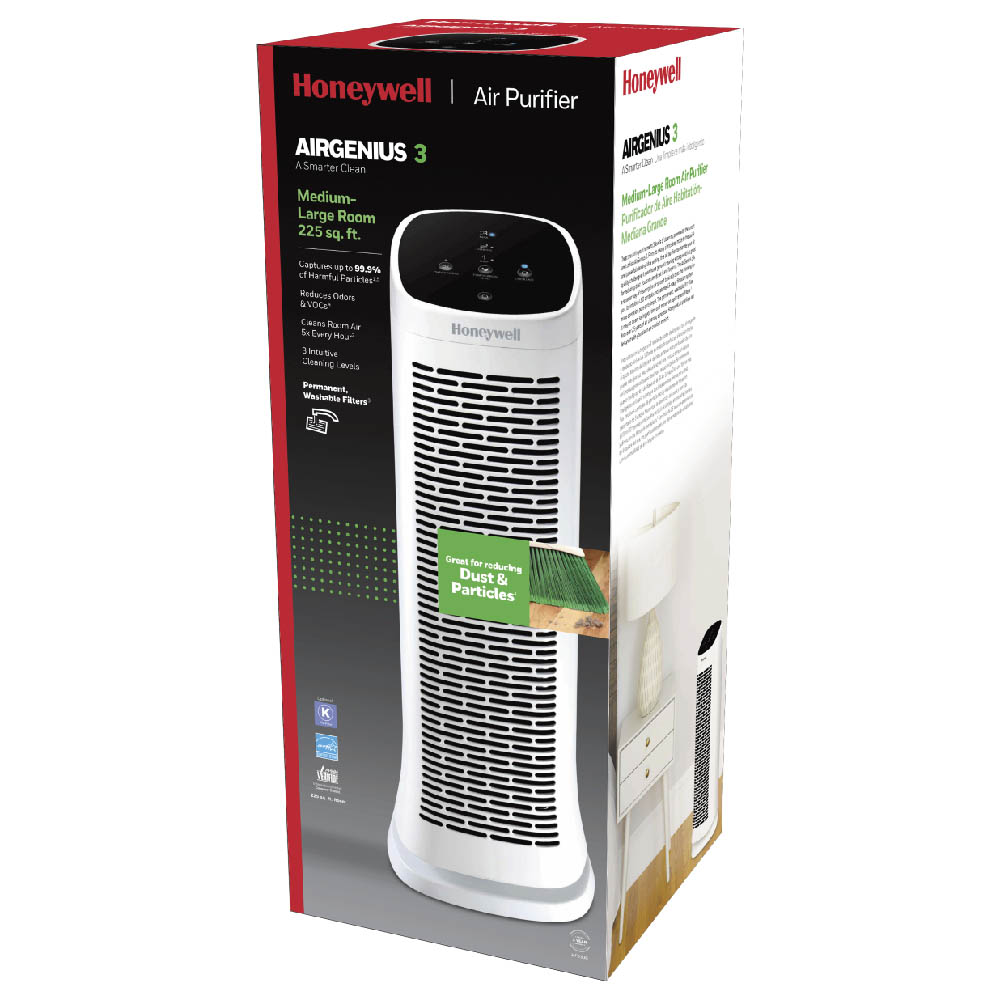 Honeywell Air Genius 3 Oscillating Tower Air Purifier with Permanent Washable Filter White HFD300