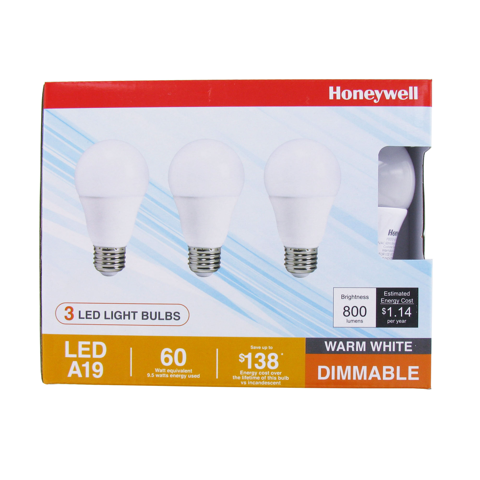 Honeywell 60W Equivalent A19 Dimmable LED Light Bulb - 3 Pack, FE0101
