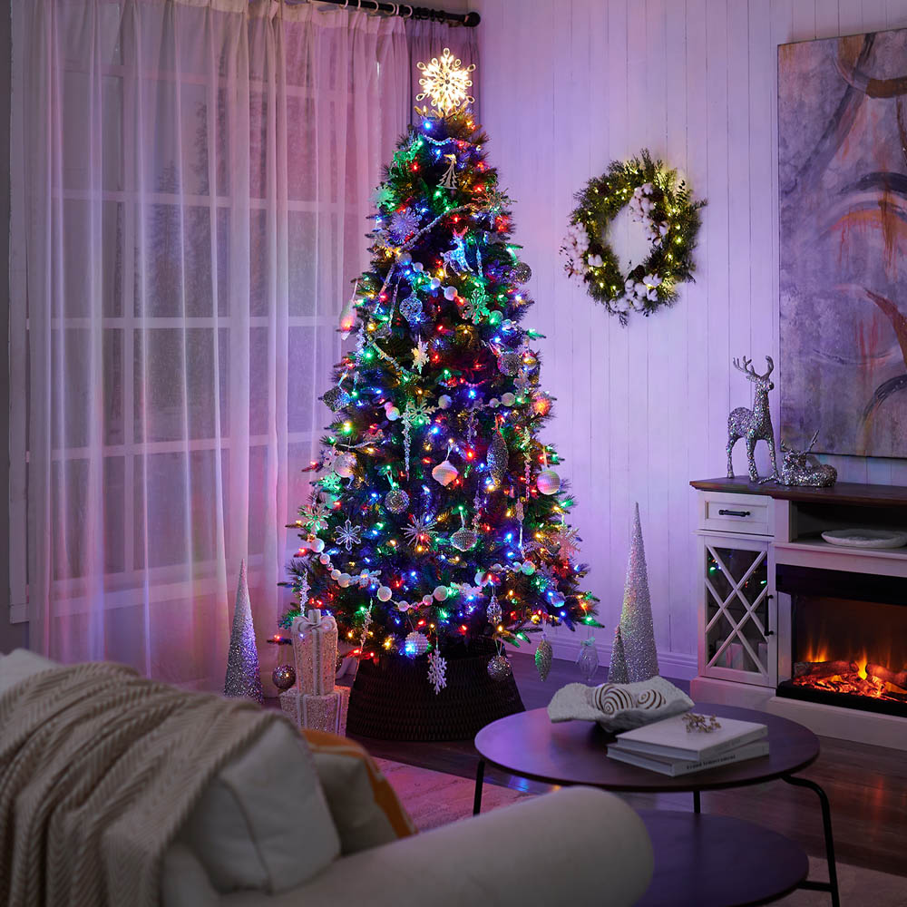 Honeywell 7.5 ft Slim Pre Lit Christmas Tree Whistler Fir Artificial Tree with 600 Dual Color Changing LED Lights